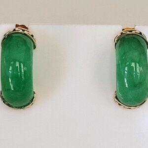 14K Yellow Gold Carved Green Jadeite Huggie Earrings